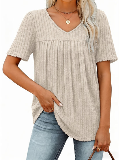 Ladies' Comfortable Top, Elegant Loose Basic Shirt, V-neck Pleated T-shirt, Casual Short-sleeved Pullover