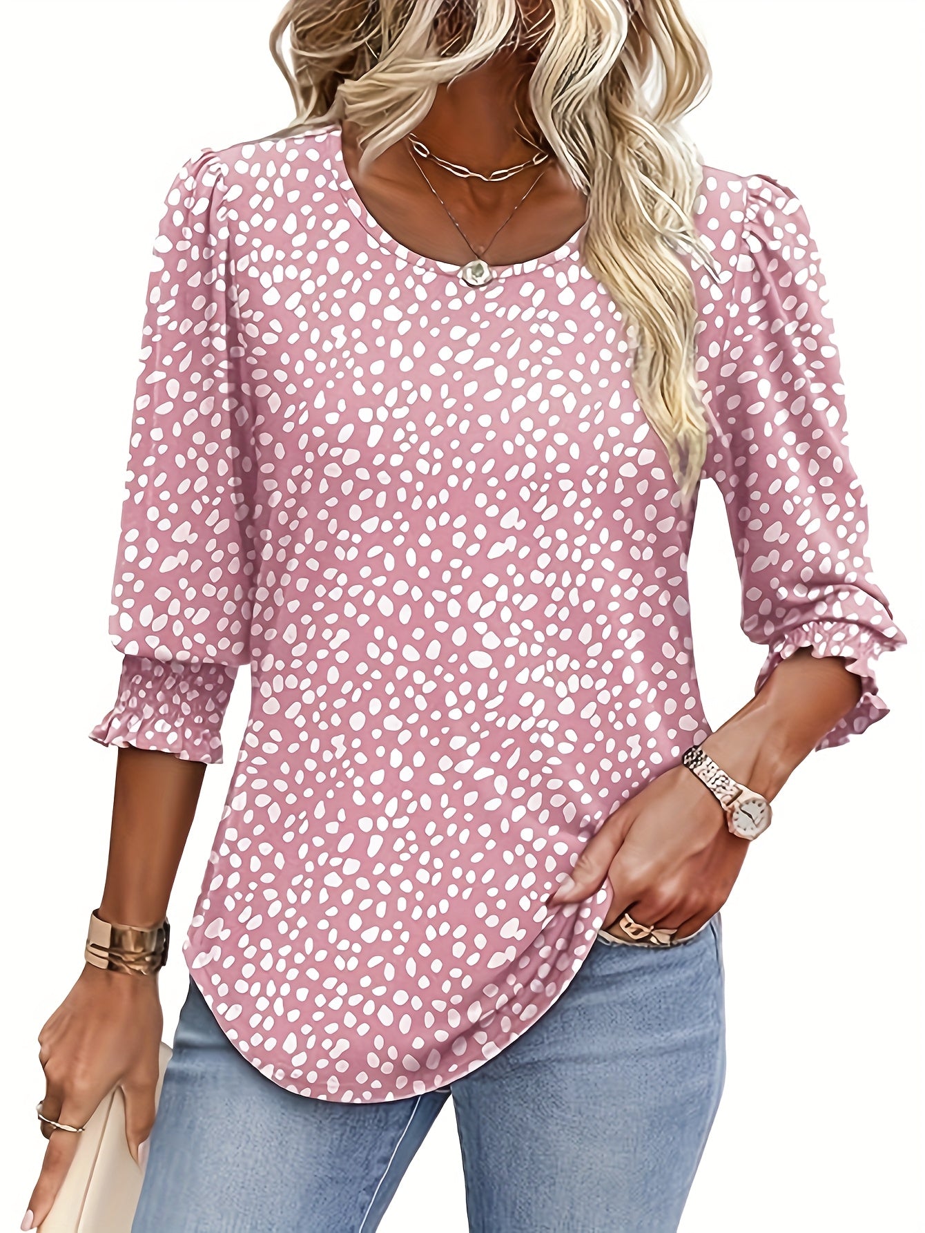 2025 Fashion for Women: Elegant Casual 3/4 Sleeve Top Coat with Pleated Cuffs And Round Neck from Europe And The United States