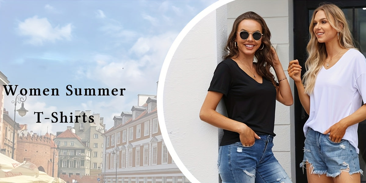 Women Fashion V-Neck Half Sleeves Oversized T Shirt Solid Casual Loose Basic Tops