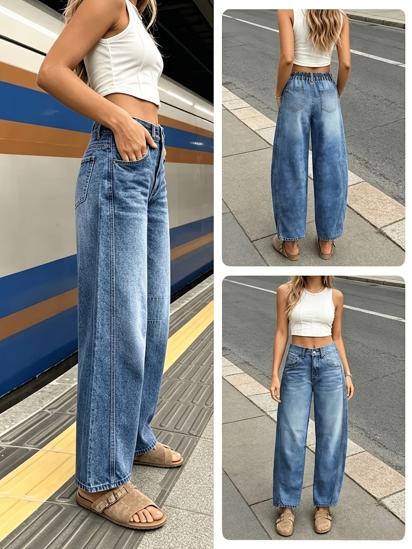 [Loose Women's Jeans] 25AW Women's Back Elastic Waist Loose Straight-Leg Washed Jeans, Loose Sword Wide-Leg Jeans, Loose Drape Dad Pants, Loose Curved Women's Loose Casual Denim Jeans, Mid-Rise Elastic Waist Non-Stretch Fabric Harem Fit Jeans, Women's Non