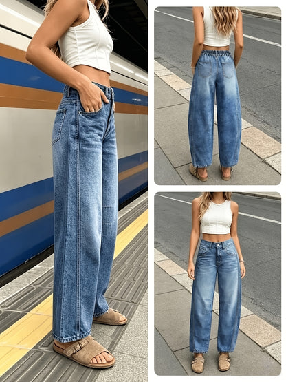 [Loose Women's Jeans] 25AW Women's Back Elastic Waist Loose Straight-Leg Washed Jeans, Loose Sword Wide-Leg Jeans, Loose Drape Dad Pants, Loose Curved Women's Loose Casual Denim Jeans, Mid-Rise Elastic Waist Non-Stretch Fabric Harem Fit Jeans, Women's Non