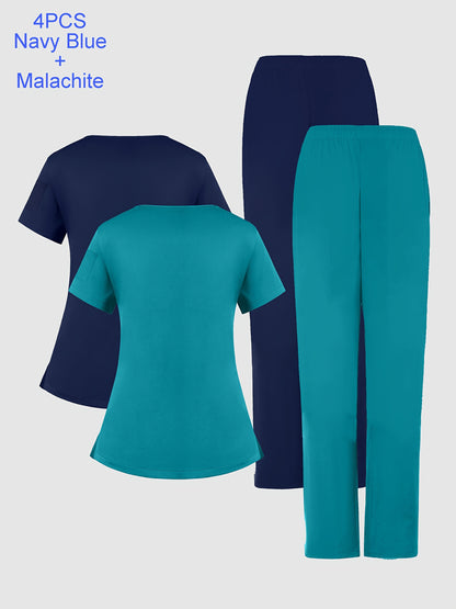 [Breathable Work Clothes] 4pcs Set of Women's Frosted Breathable Uniform with Pockets, Hand Washing Clothes, Work Clothes, Hand Brushing Clothes, Pants Set