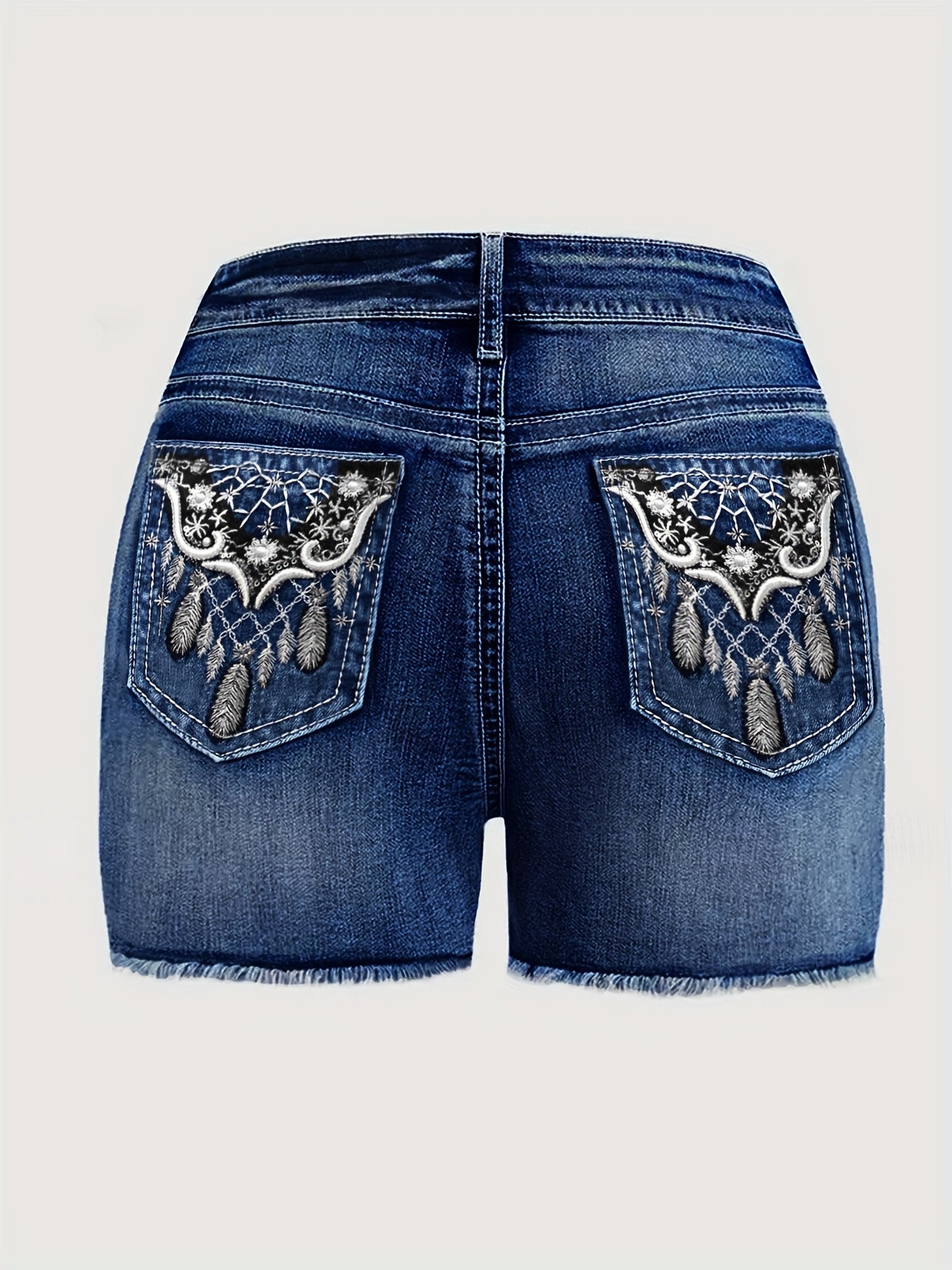 Women'S High-Waist Stretch Washed Blue Embroidery Frayed Denim Shorts - Casual Mature Style Versatile For Outings