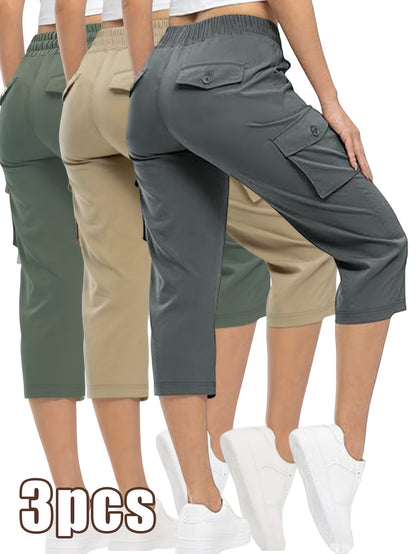 3pcs Women'S Fashionable Cargo Capri Pants for Summer, with Elastic Waistband And Pockets - Casual Sports Capri Pants, Breathable Blend