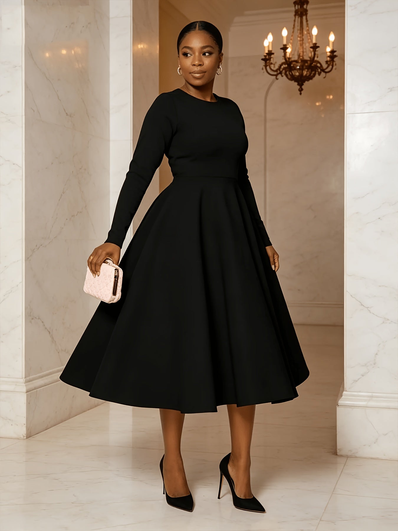 Plus Size - Plus Size Women'S Solid Color Round Neck Long Sleeve Back Pleated Flared Dress Autumn And Winter Elegant Long Dress
