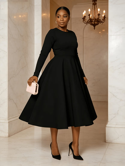 Plus Size - Plus Size Women'S Solid Color Round Neck Long Sleeve Back Pleated Flared Dress Autumn And Winter Elegant Long Dress