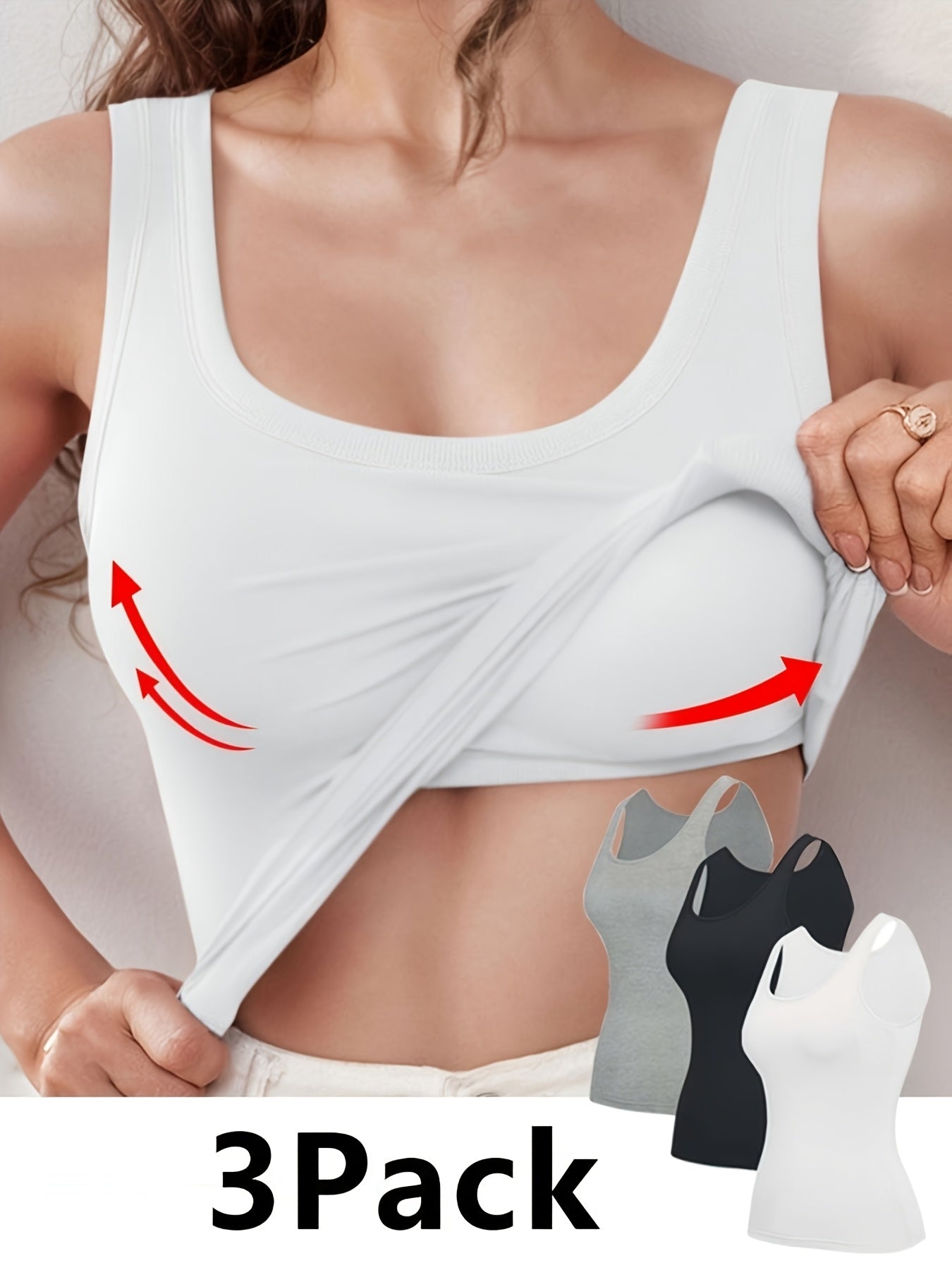 3pcs Solid Color Stretch KnitTank Top, Bottoming Vest T-shirt, Built-in Padded Cups- Regular Length, Round Neck, Casual SportswearWomen'S Comfort Fit Casual Sports Bra With Breathable Fabric- Black&White&Grey