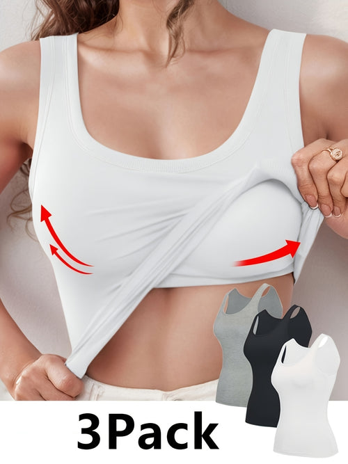 3pcs Solid Color Stretch KnitTank Top, Bottoming Vest T-shirt, Built-in Padded Cups- Regular Length, Round Neck, Casual SportswearWomen'S Comfort Fit Casual Sports Bra With Breathable Fabric- Black&White&Grey