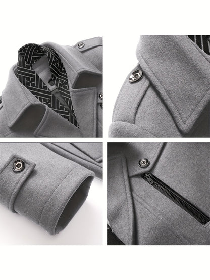 Men'S Wool Blend Coat with Detachable Soft Scarf Notched Collar Single Breasted Overcoat
