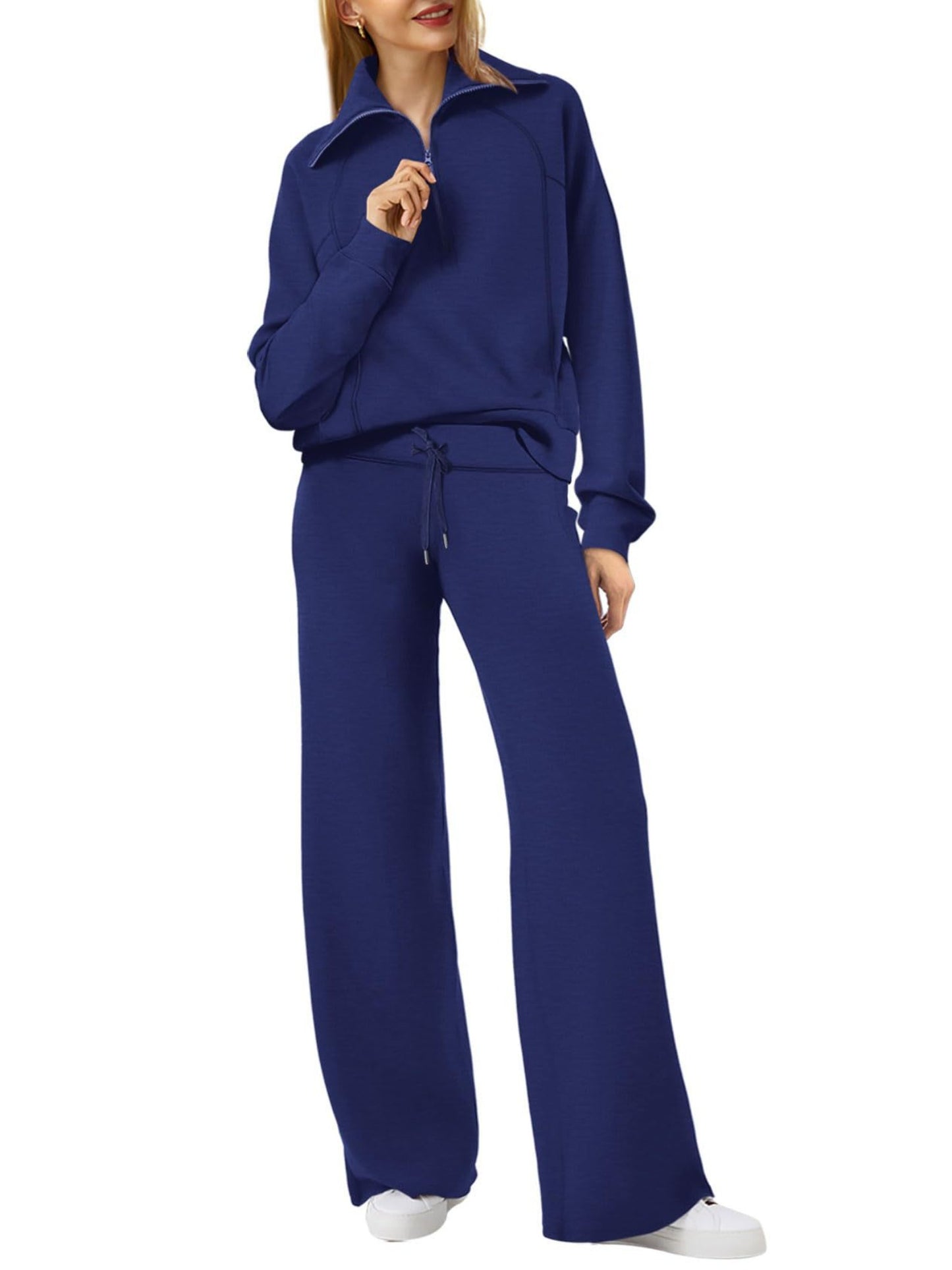 Spring/Autumn Casual Swear Set for Women, Zipper Long-Sleeve Sweatshirt and Wide-Leg Pants 2pcs Set