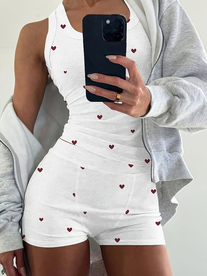 2pcs Heart Print Ribbed Loungewear Set, Racerback Tank Top And Shorts