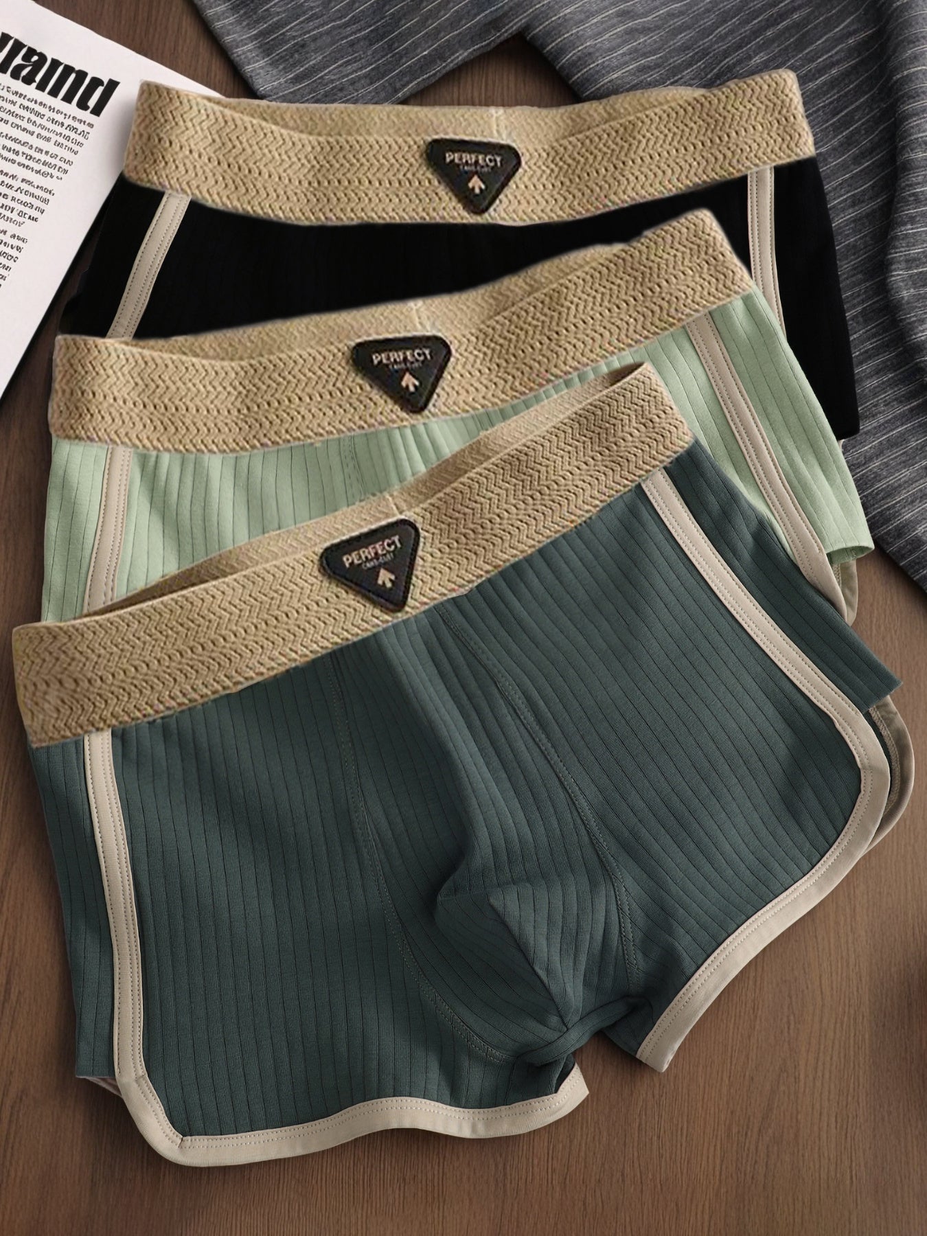 3pcs Men's Ribbed Boxer Briefs - Ultra Soft & Breathable Stretchy Underwear, Striped Casual Boxer Shorts for Running & Casual Attire, Machine Washable, Elegant Waistband, Comfortable Fit