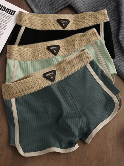 3pcs Men's Ribbed Boxer Briefs - Ultra Soft & Breathable Stretchy Underwear, Striped Casual Boxer Shorts for Running & Casual Attire, Machine Washable, Elegant Waistband, Comfortable Fit