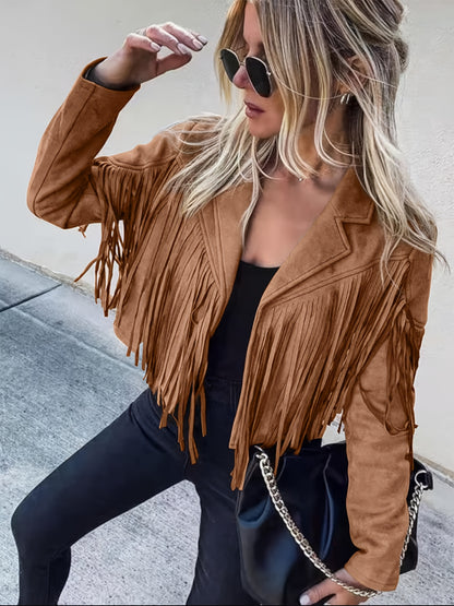 Faux Jacket Women Tassel Motorcycle Fringe Cropped Coats 2026 Spring Western Outfit Trendy Fall Long Sleeve Cowgirl Outfits Cardigan Jackets