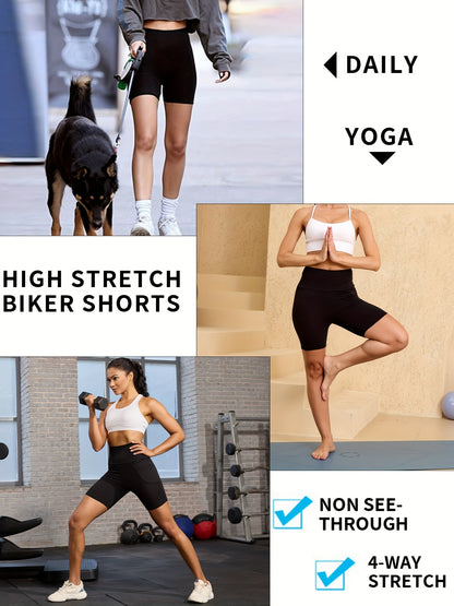 5 Pack 5" High Waisted Biker Shorts for Women with Pockets, Super Soft Tummy Control No See Through Workout Running Yoga Athletic Shorts, 6"Inseam RUNNING