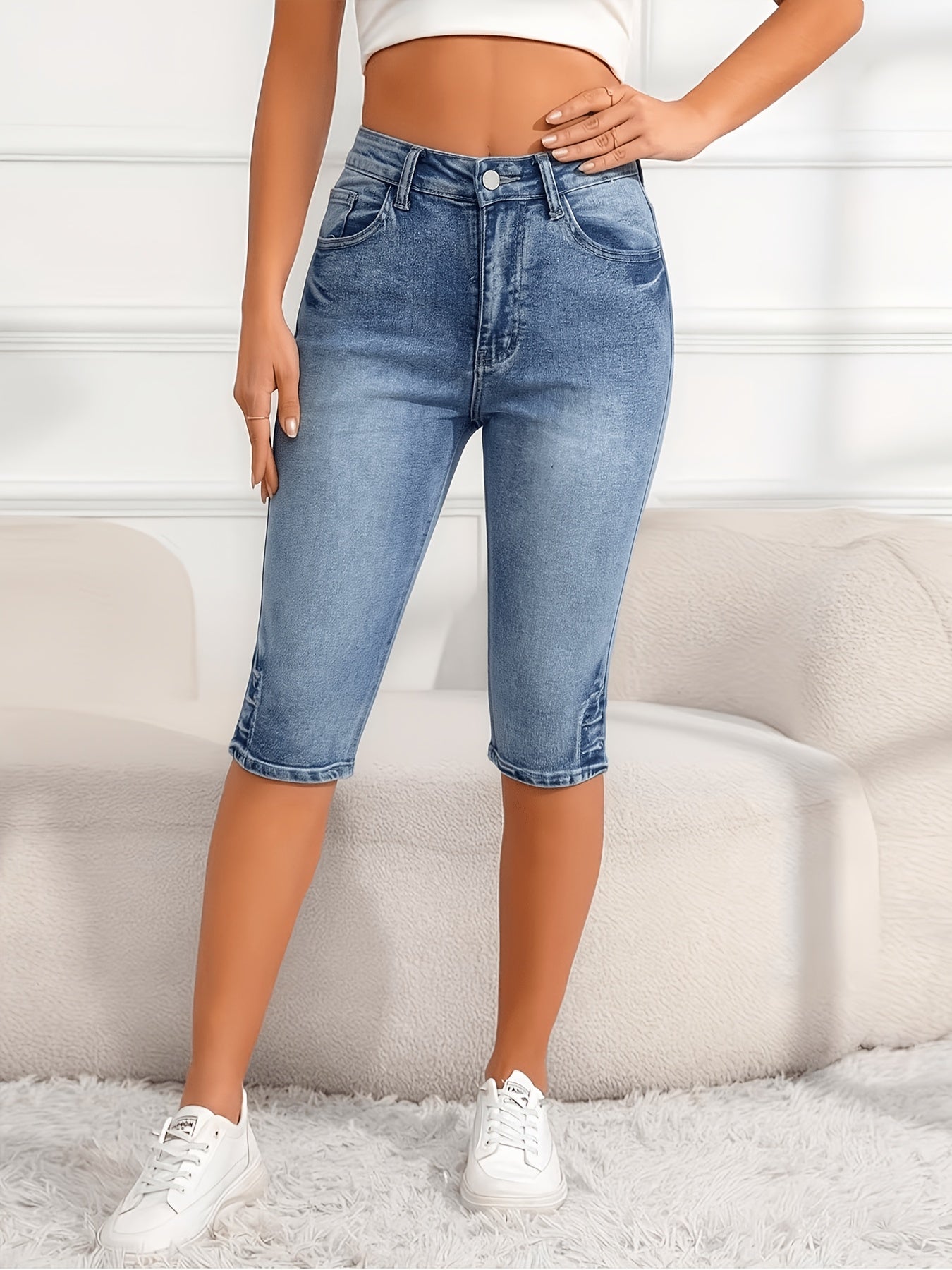 High Waist Light Blue Denim Capri Pants, Stretchy Slim Fit Casual Trousers For Women, Summer Versatile Bottoms