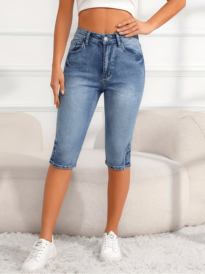 High Waist Light Blue Denim Capri Pants, Stretchy Slim Fit Casual Trousers For Women, Summer Versatile Bottoms