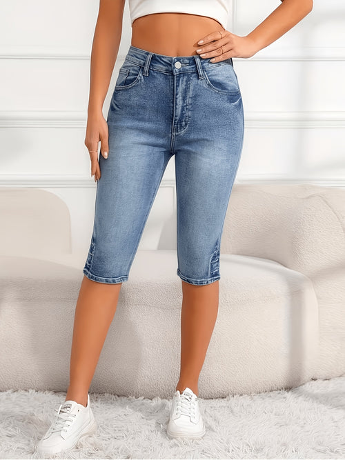 High Waist Light Blue Denim Capri Pants, Stretchy Slim Fit Casual Trousers For Women, Summer Versatile Bottoms