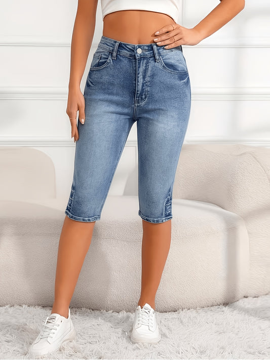 High Waist Light Blue Denim Capri Pants, Stretchy Slim Fit Casual Trousers For Women, Summer Versatile Bottoms
