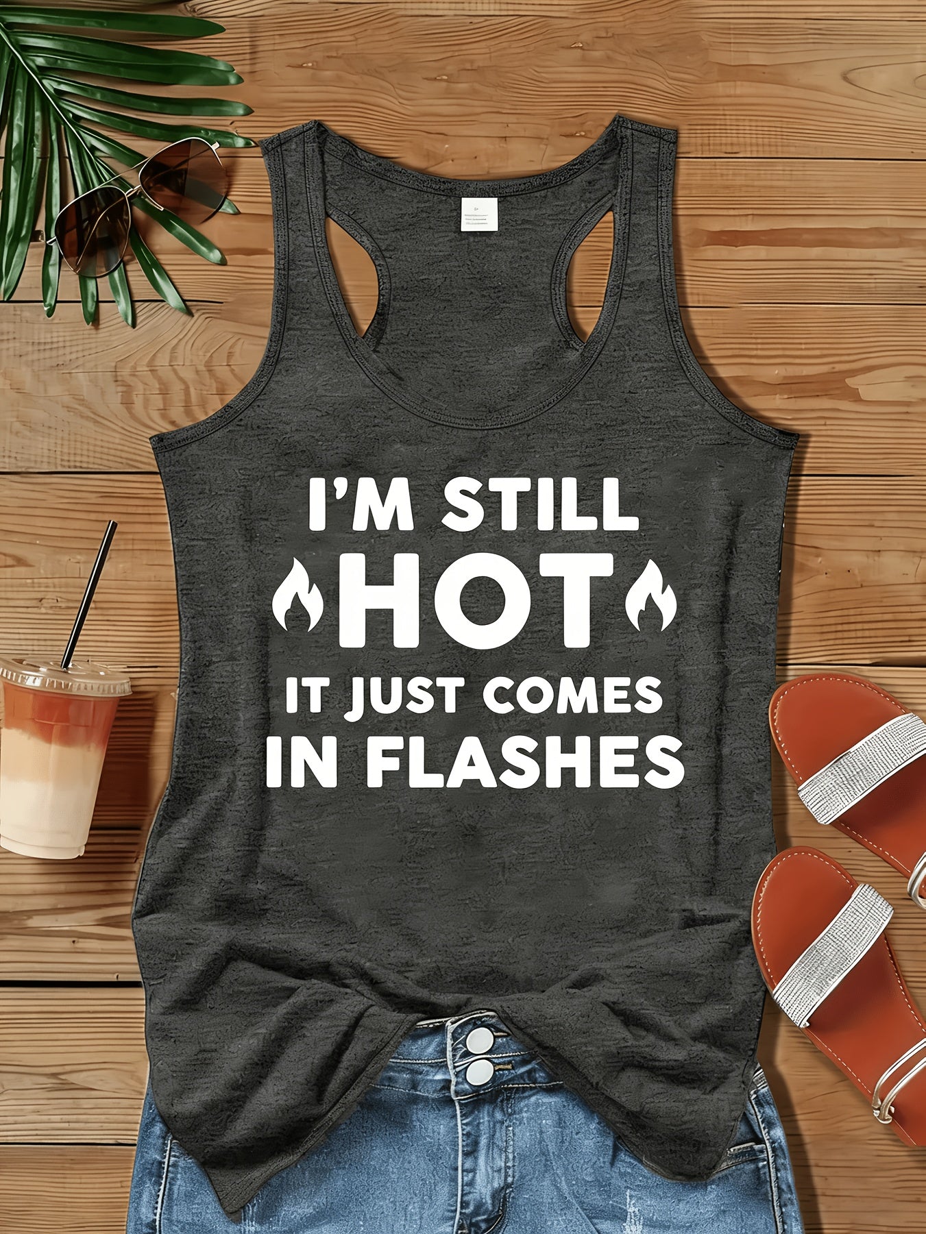 Women'S Dark Grey Casual Vest with an Interesting Letter Print- "I'M Still Hot, It Just Flashes" Machine Washable, All-Season Sleeveless Vest, Suitable for Casual Wear, Summer Vest