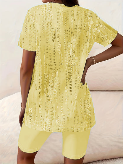 Plus Size - Plus Size - Casual Two-Piece Outfit for Plus-Size Women Featuring a Side-Slit T-Shirt And Fitted Shorts