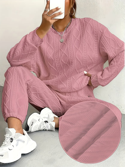 Women's Casual 2pcs Pullover Set - Consists Of A Textured Solid Color Jacquard Long-sleeve Crewneck Top And Sweatpants, High-quality Fabric, Women's Suit, Women's Summer Clothing, Sweatsuits Women 2pcs Women Clothing