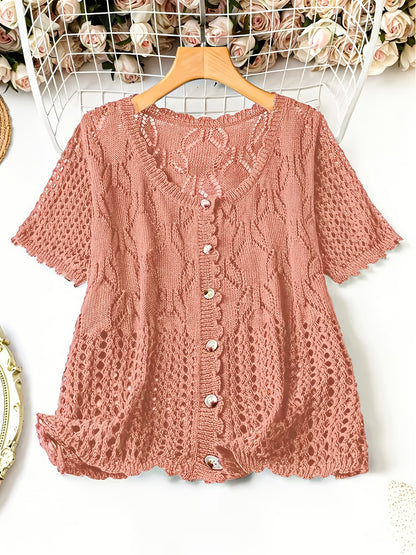 Plus Size - Large Size Women'S Casual Cardigan Light And Thin Short Sleeved Pearl Button, Semi Transparent, Round Neck All Season Versatile Layered Top