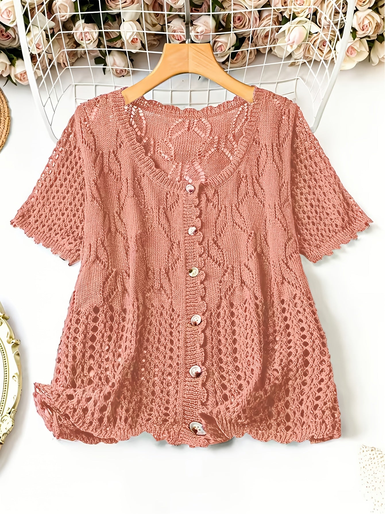 Plus Size - Large Size Women'S Casual Cardigan Light And Thin Short Sleeved Pearl Button, Semi Transparent, Round Neck All Season Versatile Layered Top