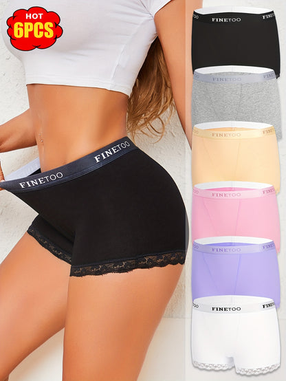 6pcs Set of Letter Waistband Lace Lace Four Corner Pants, Fashionable, Elegant, Breathable And Elastic Underwear, Suitable for Daily Commuting, Women'S Underwear And Underwear
