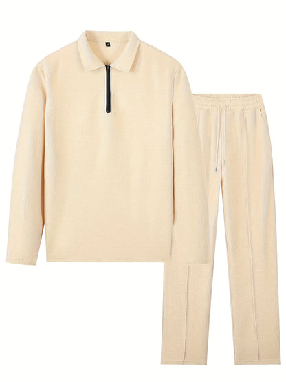 Mens 2pcs Outfits, New Spring Fall Waffle Knit Long Sleeve Top & Pants Set, Comfortable Breathable Casual Sports Tracksuit for Daily Workout