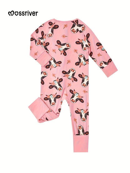 LULUKAKA Newborn Baby Girl Bamboo Fiber Zippered Pink Jumpsuit, Farm Series Cartoon Bull Full Body Print Design, Long Pants Bamboo Fiber Outfit for Baby Girls, Bamboo Toddler Sleepwear, Bodysuit for Toddlers And Infants
