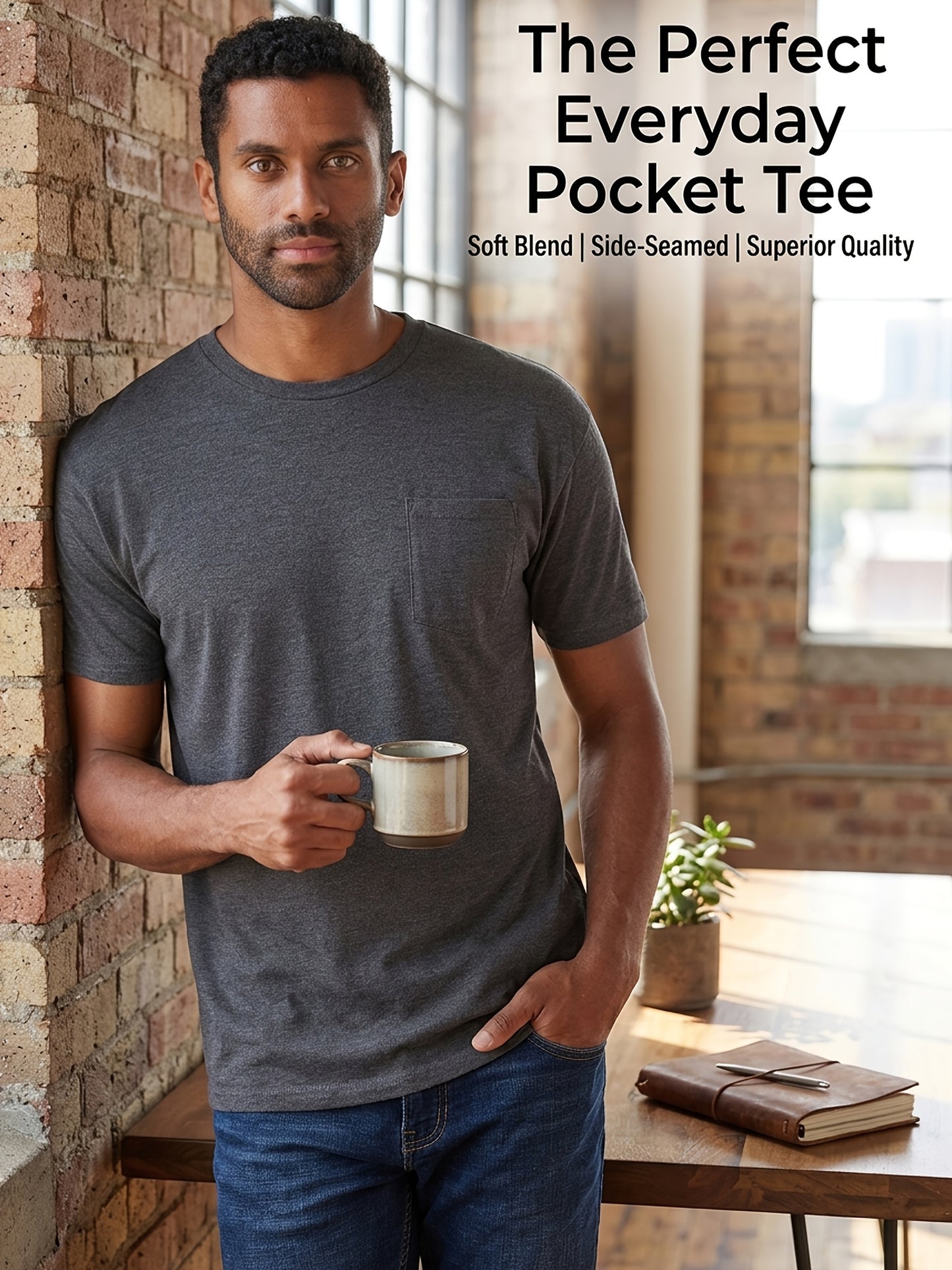 5pcs Men Unisex 100 Cotton Pocket T Shirts Short Sleeve Crew Neck Loose Fit Solid - product view 12