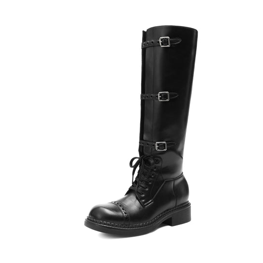 DREAM PAIRS Women's Knee High Boots Combat Boots Goth Boot Lace Up Adjustable Buckles Chunky Low Heel Fall Booties with Side Zipper to Put on and off