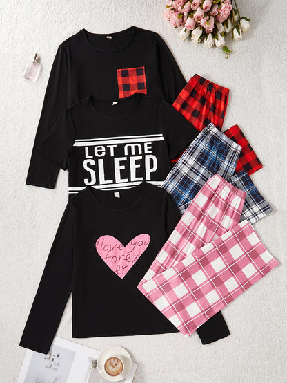 New Style Pajama Set for Women, Casual Indoor Home Wear, Letter Printed Long-sleeved And Short-sleeved Tops, Checked Trousers, Six-piece Set