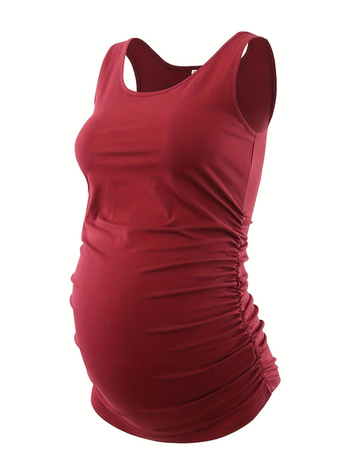 Women's Full Bump Coverage Maternity Tank Top - All-Stage Pregnancy Shirt with Side Ruching & Scoop Neck, Stretchy Rayon-Spandex Sleeveless Nursing Vest for Postpartum Wear, Breathable Belly-Friendly T-Shirt (No Chest Pads)