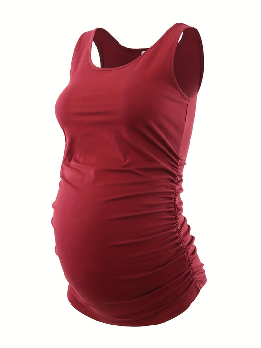 Women's Full Bump Coverage Maternity Tank Top - All-Stage Pregnancy Shirt with Side Ruching & Scoop Neck, Stretchy Rayon-Spandex Sleeveless Nursing Vest for Postpartum Wear, Breathable Belly-Friendly T-Shirt (No Chest Pads)