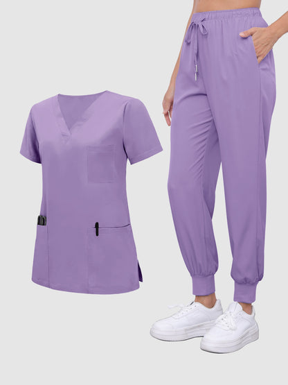 2pcs Set Of Women's V-neck Matte Breathable S Uniform Pocket Hand Washing Work Clothes Brush Hand Clothes Tying Feet Pants Set