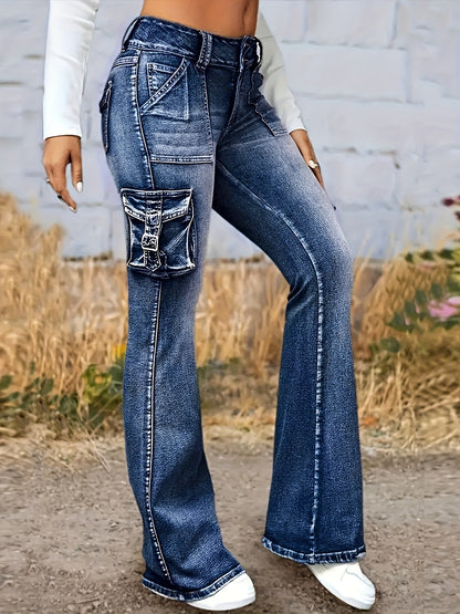 Elastic Women's Retro Low-waist Jeans, Tight Work Pants, Fashionable And Casual, With Flip Covers And 7 Pockets