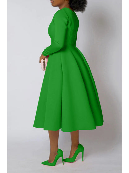 Plus Size - Plus Size Women'S Solid Color Round Neck Long Sleeve Back Pleated Flared Dress Autumn And Winter Elegant Long Dress