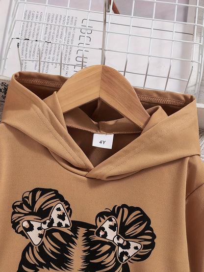 2pcs Young Girl Clothing Long Sleeve Khaki Sweatshirt Casual Set with Leopard Print Trousers Top, for Outdoor