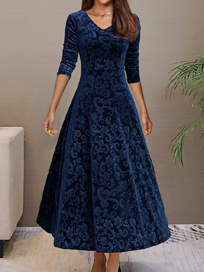 Autumn Women's Velvet Embossed Long Sleeve Dress, Bodycon V-Neck Midi Flared Elegant Evening Party Wedding Guest Gown