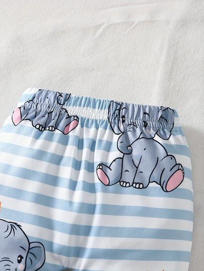 3pcs Baby Boy Newborn Spring And Autumn New Crown Cartoon Elephant with Shoulder Long Sleeved Jumpsuit&elastic Striped Cute Cartoon Elephant Full Print Panties&hat Set Suitable for Outdoor Clothing, Perfect for Outdoor