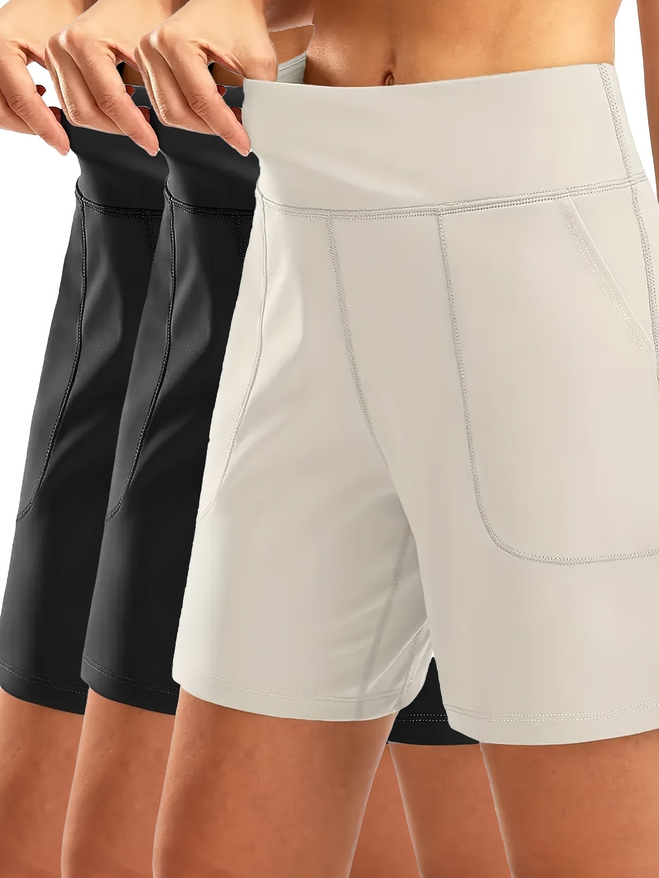 3pcs Women's Elastic-Waist Loose-Fit Casual Sports Shorts with Pockets - Mid-Stretch Breathable Fabric, Solid Color for Gym, Yoga & Casual Attire - Elegant Special Collection, Gym Apparel | Functional Pockets | Stretchable Fabric