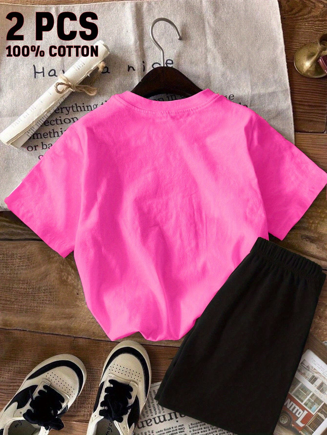 2pcs New Summer Girl Cute But Feral With Raccoon Drinking Juice Short Sleeved 100% Cotton T-Shirt and Shorts 2pcs Set Perfect for Outdoor