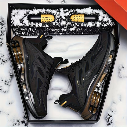 Men's Lightweight Thickened Soft Sole Sneakers - All-Season Comfort, Lightweight & Comfortable - Suitable for Hiking & Walking, Arch Support & Air Cushion Technology-Low-Cut Special Black/White with Golden Accents Upper & Durable Sole,