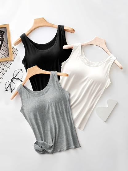 3pcs Solid Color Stretch KnitTank Top, Bottoming Vest T-shirt, Built-in Padded Cups- Regular Length, Round Neck, Casual SportswearWomen'S Comfort Fit Casual Sports Bra With Breathable Fabric- Black&White&Grey
