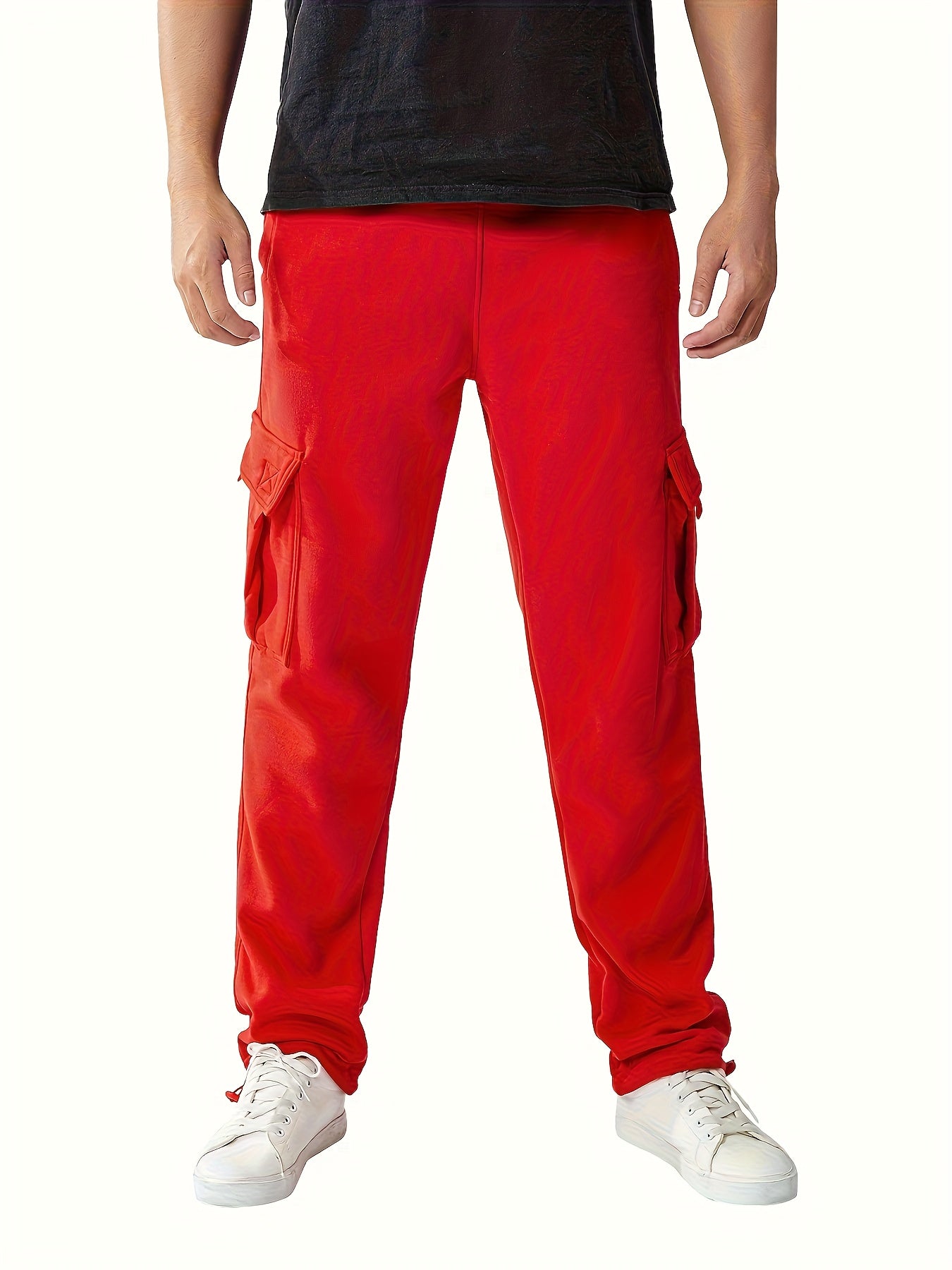 Men Solid Color Sweatpants, Adults Casual Style Cargo Pants with Pockets Drawstring