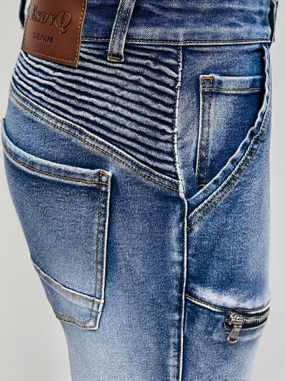 Men's Vintage Washed Motorcycle Pants - Slim Fit Stretch Denim with Elastic Panels, Mid-Stretch Comfort & Zipper Closure, Machine Washable All-Season Casual Riding Jeans