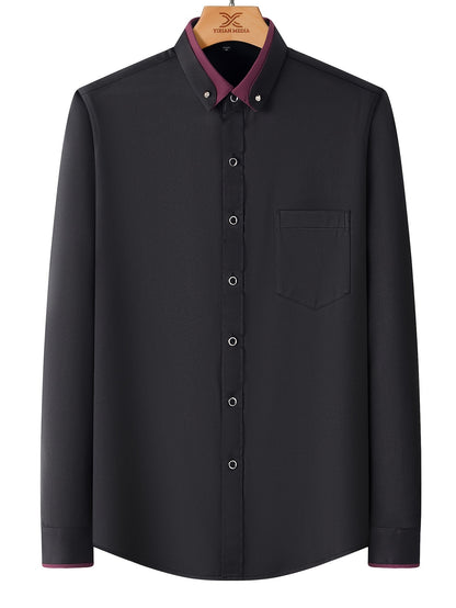 Color Block Fold-Up Collar Crystal Buckle Formal Shirt Men'S Long Sleeve Contrast Color Stretch Iron-Free Business Casual Top with Loan Fashion Cardigan Shirt