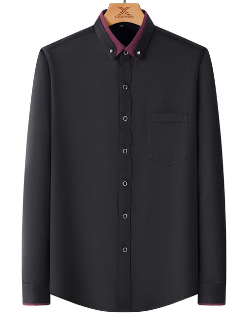 Color Block Fold-Up Collar Crystal Buckle Formal Shirt Men'S Long Sleeve Contrast Color Stretch Iron-Free Business Casual Top with Loan Fashion Cardigan Shirt